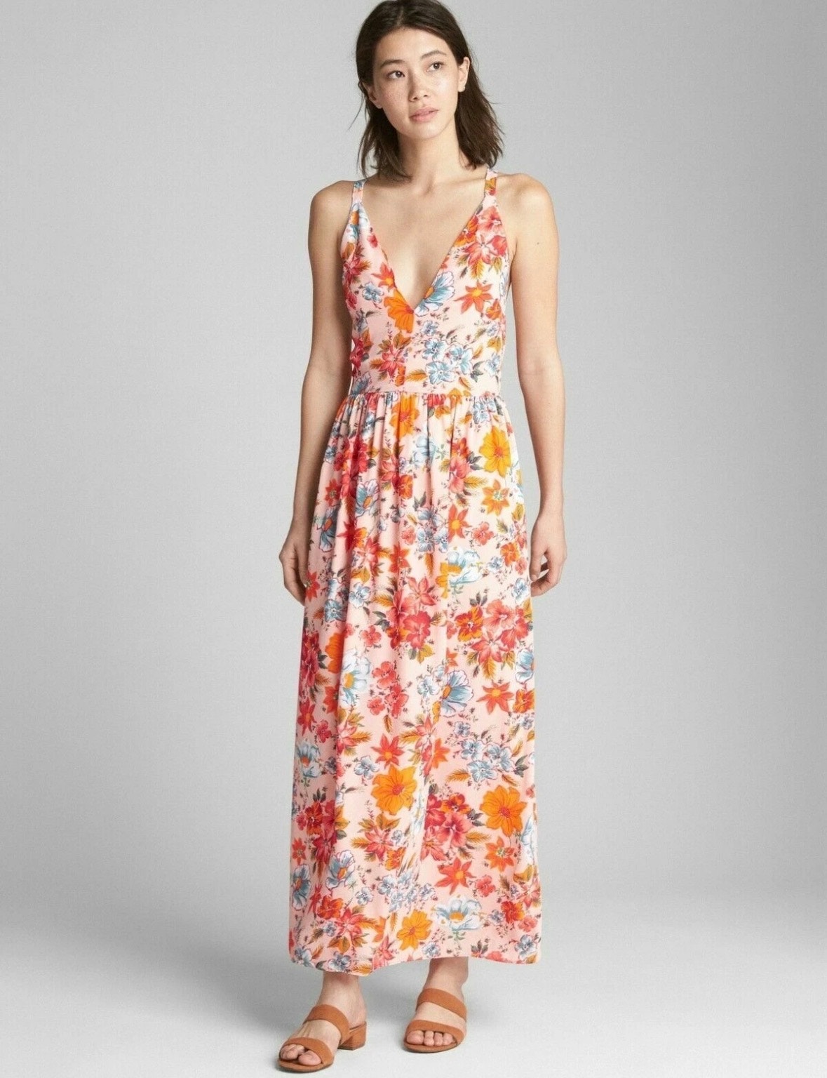 Gap Sleeveless Floral Halter Maxi Dress Size 8 Pink V Neck